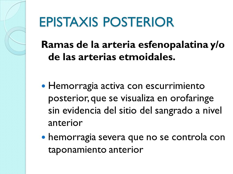 EPISTAXIS POSTERIOR Ramas de la arteria esfenopalatina y/o de las arterias etmoidales.
