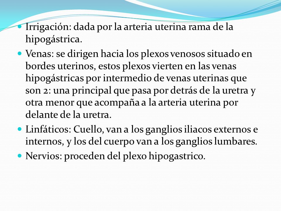 Irrigación: dada por la arteria uterina rama de la hipogástrica.
