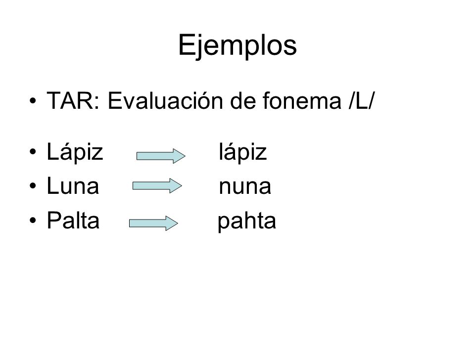 Ejemplos TAR: Evaluación de fonema /L/ Lápiz lápiz Luna nuna