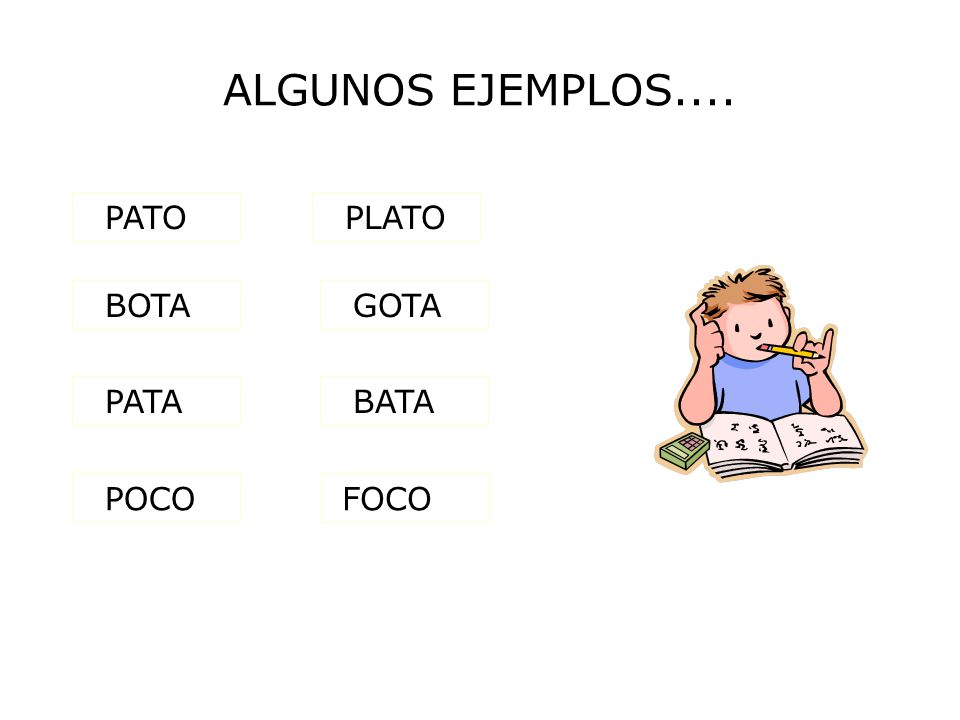 ALGUNOS EJEMPLOS.... PATO PLATO BOTA GOTA PATA BATA POCO FOCO