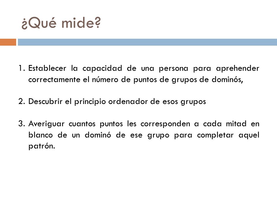 ¿Qué mide Establecer la capacidad de una persona para aprehender correctamente el número de puntos de grupos de dominós,