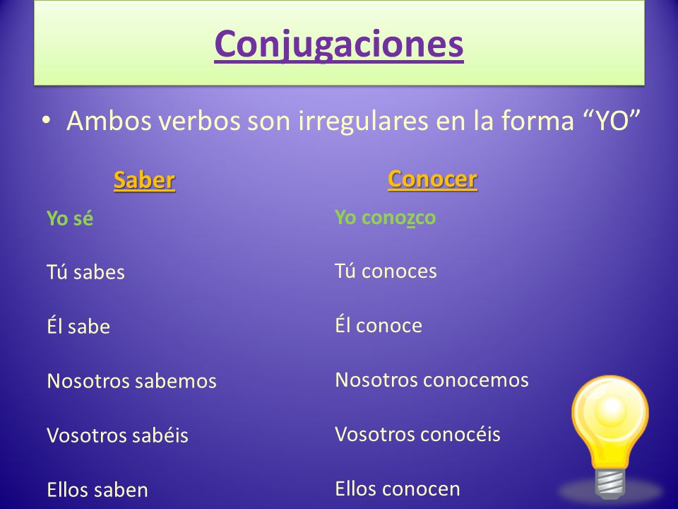 Conjugaciones Ambos verbos son irregulares en la forma YO Saber