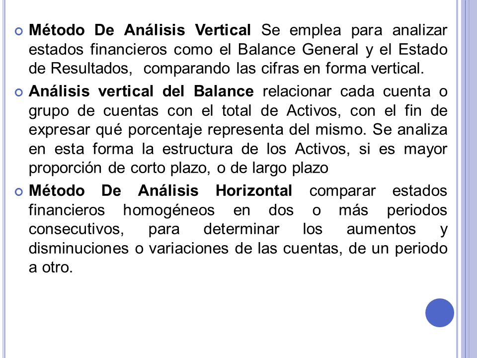 Método De Análisis Vertical Se emplea para analizar estados financieros como el Balance General y el Estado de Resultados, comparando las cifras en forma vertical.