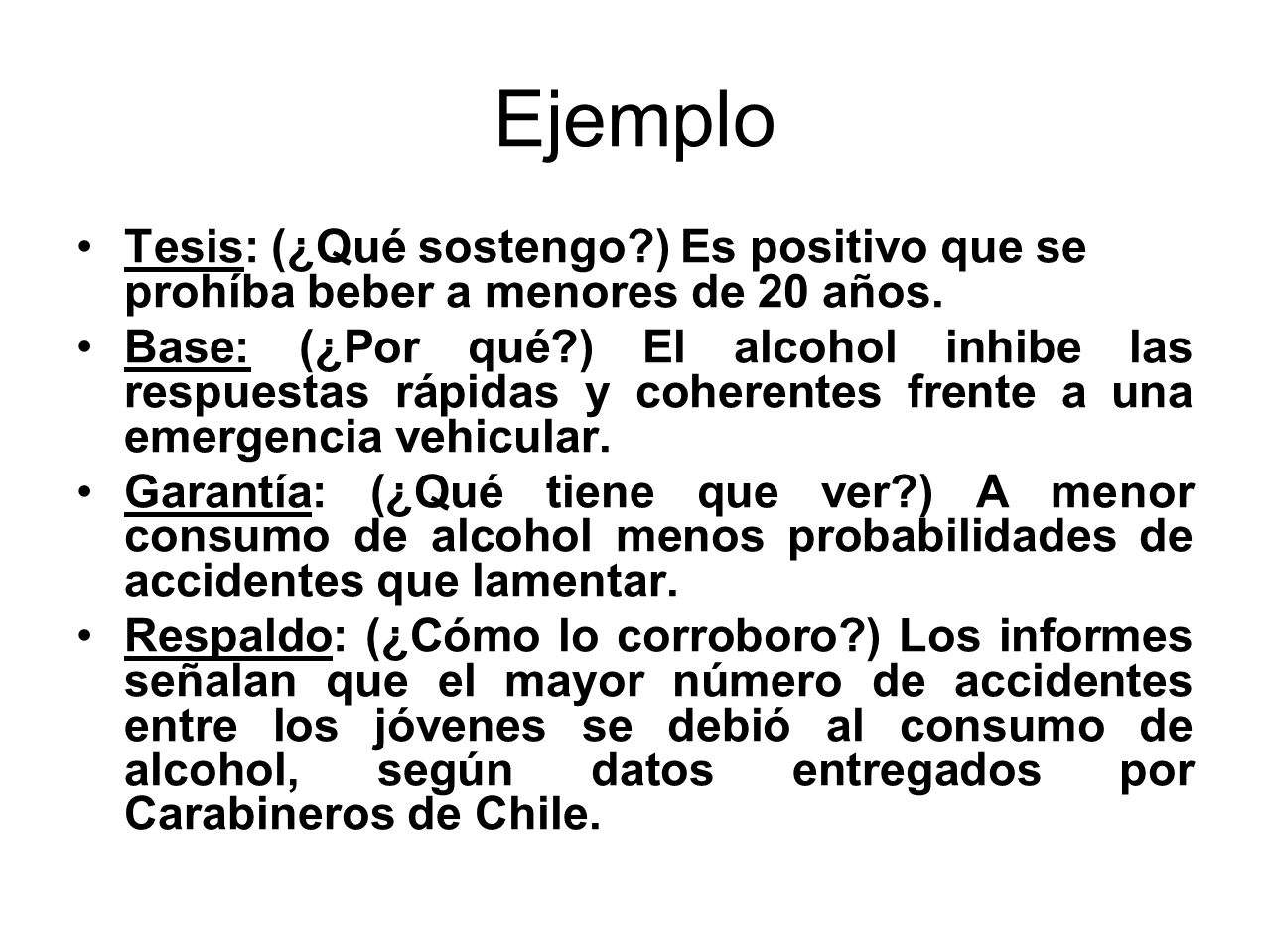 Ejemplo Tesis: (¿Qué sostengo ) Es positivo que se prohíba beber a menores de 20 años.