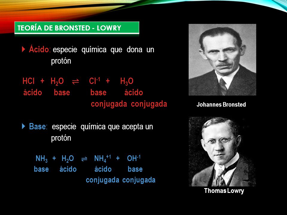 Ácido: especie química que dona un protón HCl + H2O ⇌ Cl-1 + H3O