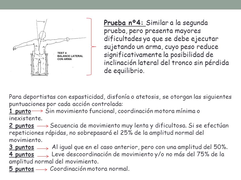 Prueba nº4: Similar a la segunda prueba, pero presenta mayores dificultades ya que se debe ejecutar sujetando un arma, cuyo peso reduce significativamente la posibilidad de inclinación lateral del tronco sin pérdida de equilibrio.