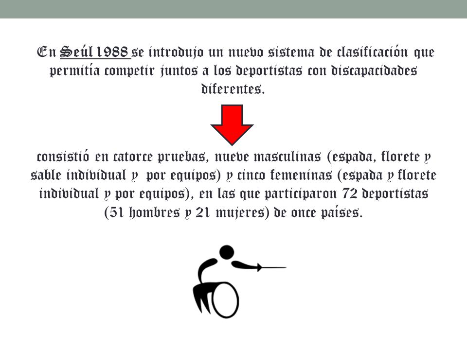 En Seúl 1988 se introdujo un nuevo sistema de clasificación que permitía competir juntos a los deportistas con discapacidades diferentes.