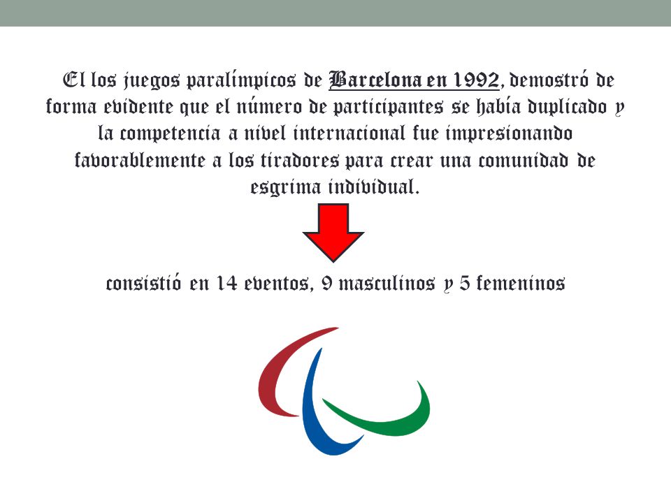 El los juegos paralímpicos de Barcelona en 1992, demostró de forma evidente que el número de participantes se había duplicado y la competencia a nivel internacional fue impresionando favorablemente a los tiradores para crear una comunidad de esgrima individual.