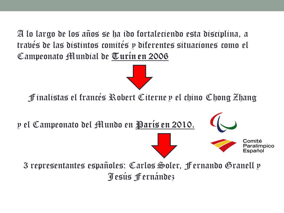A lo largo de los años se ha ido fortaleciendo esta disciplina, a través de las distintos comités y diferentes situaciones como el Campeonato Mundial de Turín en 2006 Finalistas el francés Robert Citerne y el chino Chong Zhang y el Campeonato del Mundo en París en 2010.