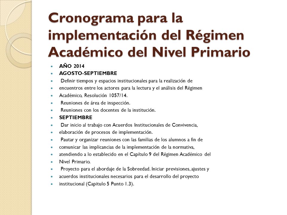 Cronograma para la implementación del Régimen Académico del Nivel Primario