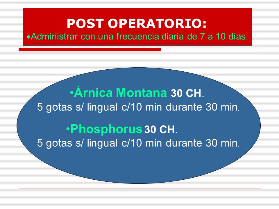 POST OPERATORIO: Árnica Montana 30 CH. Phosphorus 30 CH.
