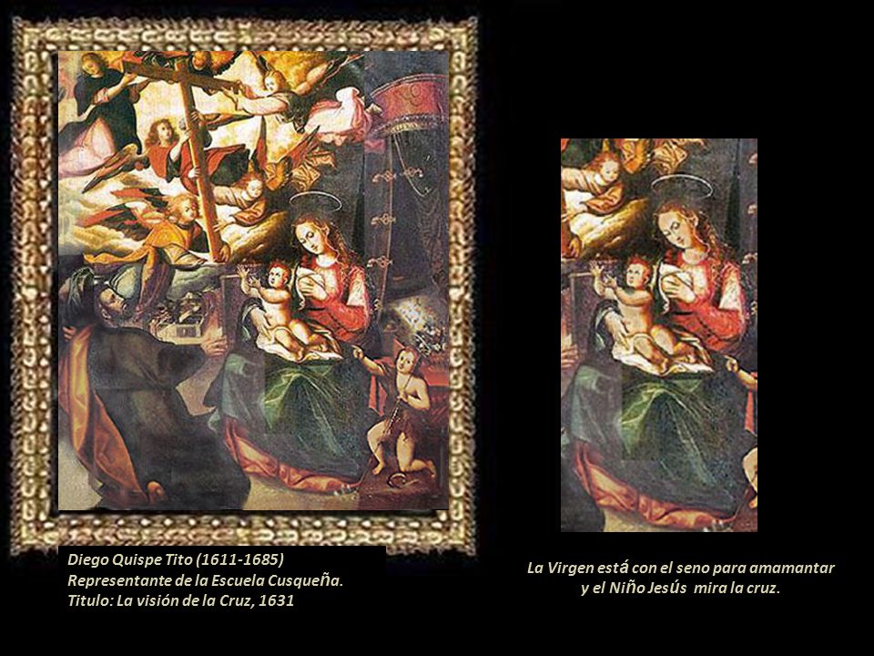 La Virgen está con el seno para amamantar y el Niño Jesús mira la cruz.