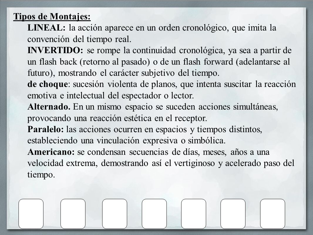 Tipos de Montajes: LINEAL: la acción aparece en un orden cronológico, que imita la convención del tiempo real.