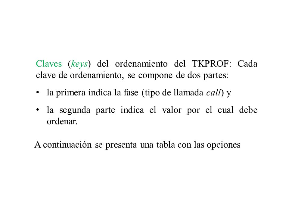Claves (keys) del ordenamiento del TKPROF: Cada clave de ordenamiento, se compone de dos partes: