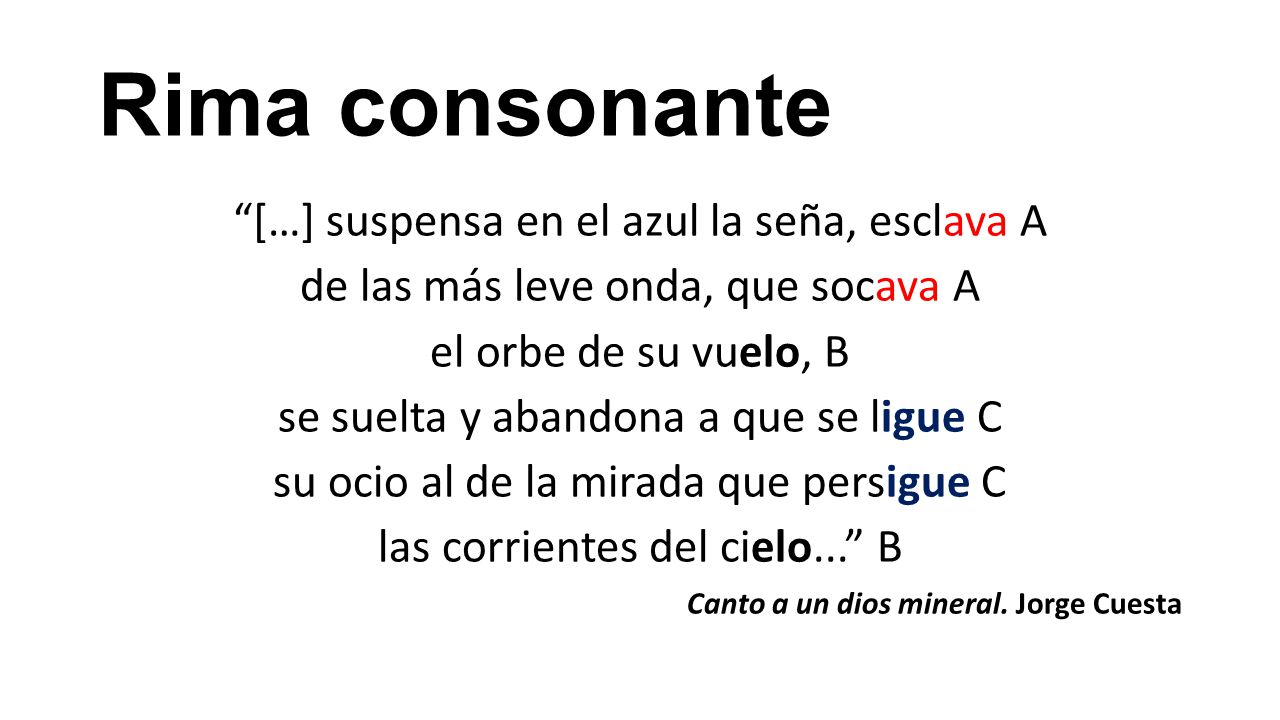 Rima consonante […] suspensa en el azul la seña, esclava A