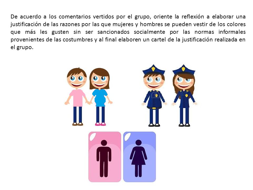 De acuerdo a los comentarios vertidos por el grupo, oriente la reflexión a elaborar una justificación de las razones por las que mujeres y hombres se pueden vestir de los colores que más les gusten sin ser sancionados socialmente por las normas informales provenientes de las costumbres y al final elaboren un cartel de la justificación realizada en el grupo.