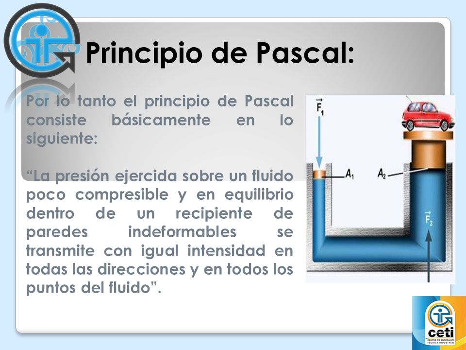 Principio de Pascal: Por lo tanto el principio de Pascal consiste básicamente en lo siguiente: