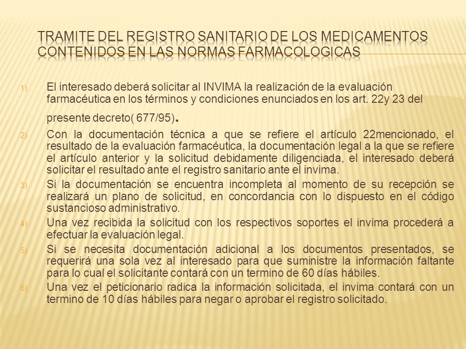 TRAMITE DEL REGISTRO SANITARIO DE LOS MEDICAMENTOS CONTENIDOS EN LAS NORMAS FARMACOLOGICAS