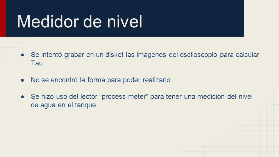 Medidor de nivel Se intentó grabar en un disket las imágenes del osciloscopio para calcular Tau. No se encontró la forma para poder realizarlo.