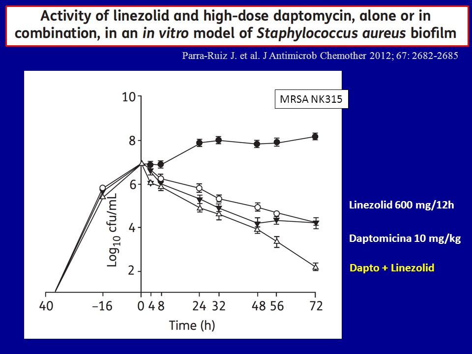 MRSA NK315 Linezolid 600 mg/12h Daptomicina 10 mg/kg Dapto + Linezolid