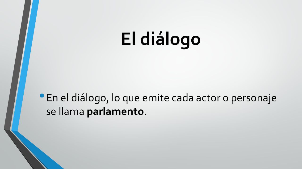 El diálogo En el diálogo, lo que emite cada actor o personaje se llama parlamento.