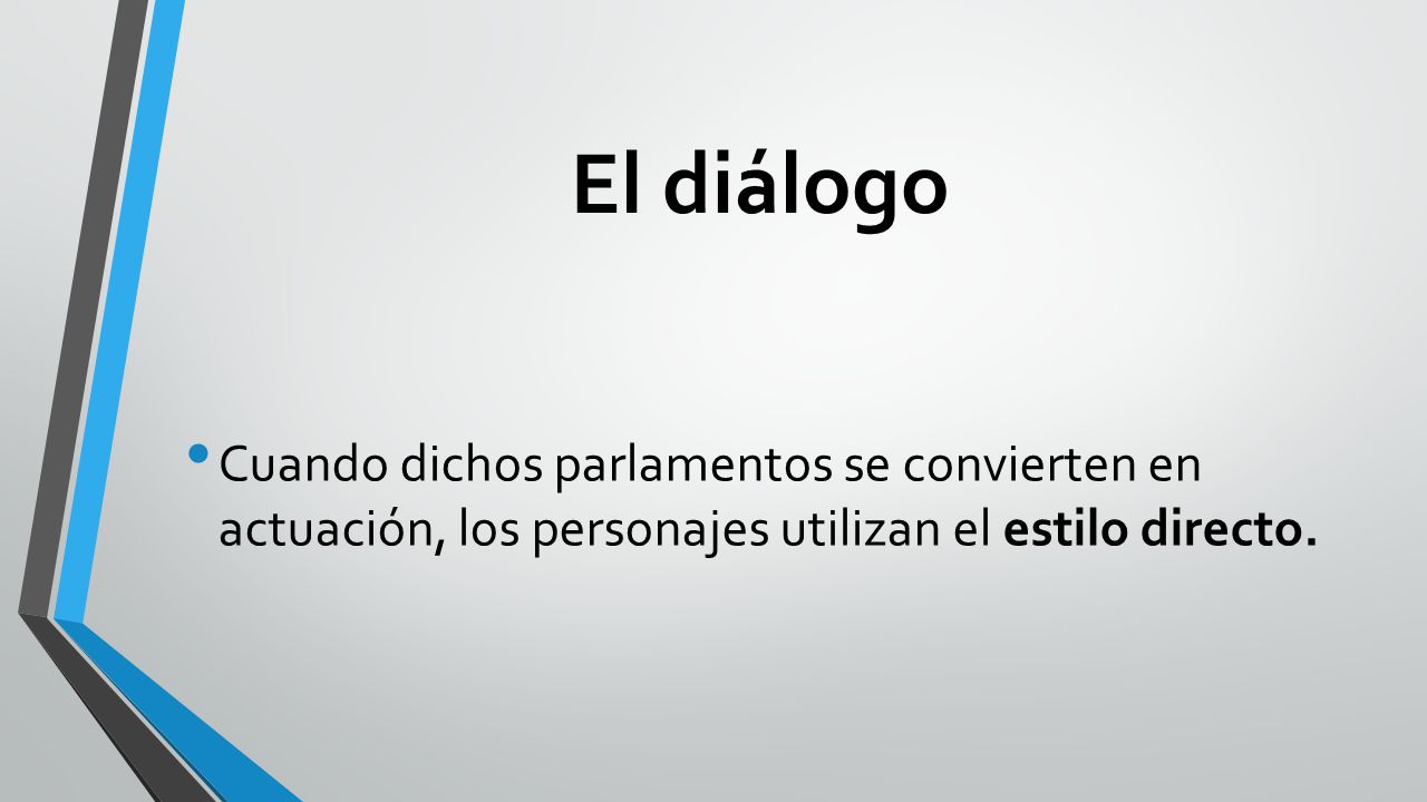 El diálogo Cuando dichos parlamentos se convierten en actuación, los personajes utilizan el estilo directo.