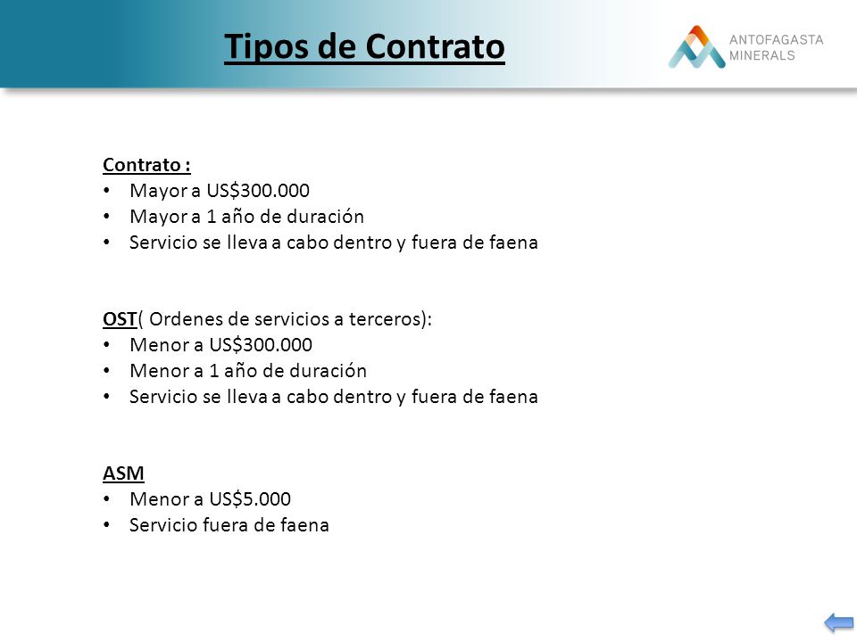 Tipos de Contrato Contrato : Mayor a US$