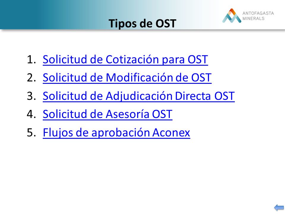 Tipos de OST Solicitud de Cotización para OST. Solicitud de Modificación de OST. Solicitud de Adjudicación Directa OST.