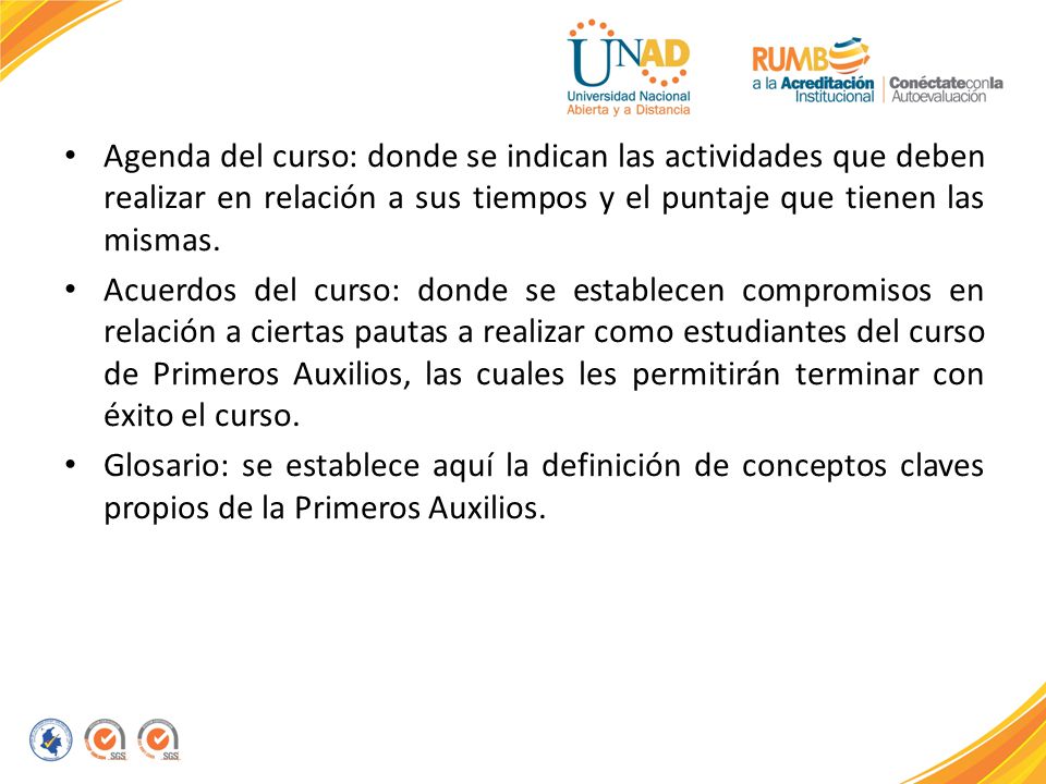Agenda del curso: donde se indican las actividades que deben realizar en relación a sus tiempos y el puntaje que tienen las mismas.