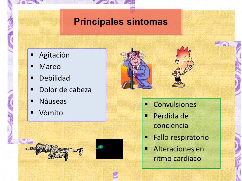 Principales síntomas Agitación Mareo Debilidad Dolor de cabeza Náuseas