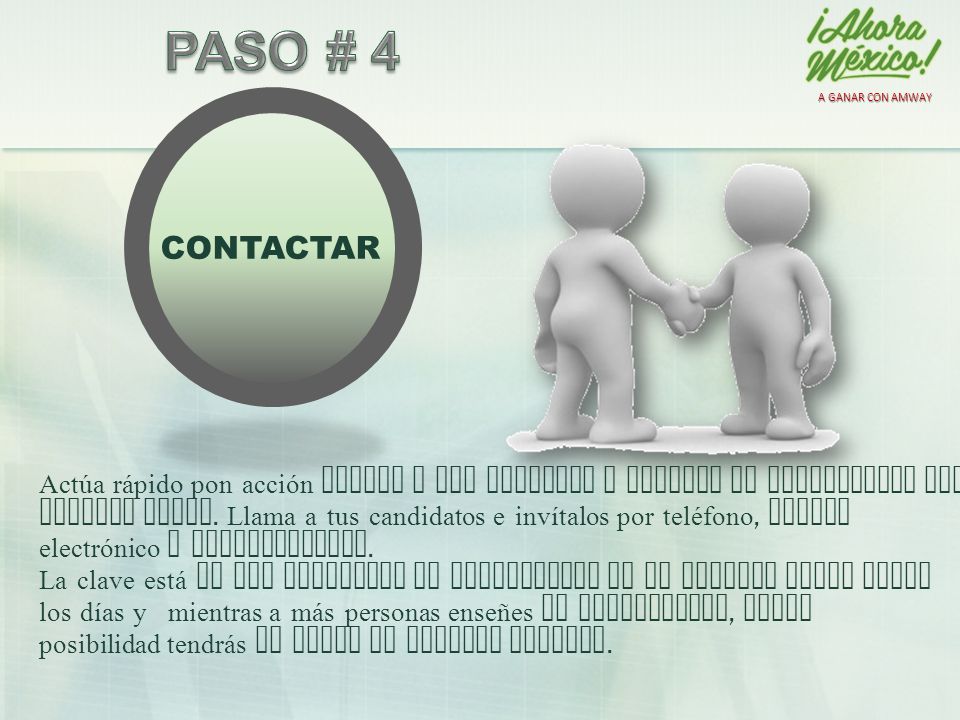 A GANAR CON AMWAY PASO # 4. + CONTACTAR. Actúa rápido pon acción invita a las personas a conocer la oportunidad del.
