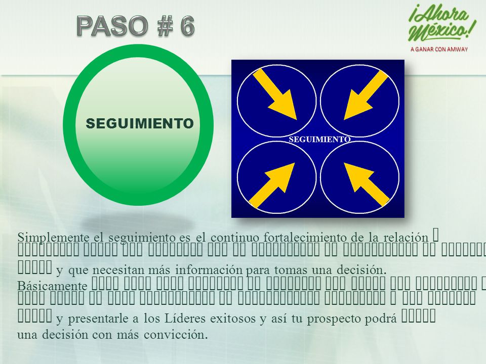A GANAR CON AMWAY PASO # 6. + SEGUIMIENTO. Simplemente el seguimiento es el continuo fortalecimiento de la relación y.