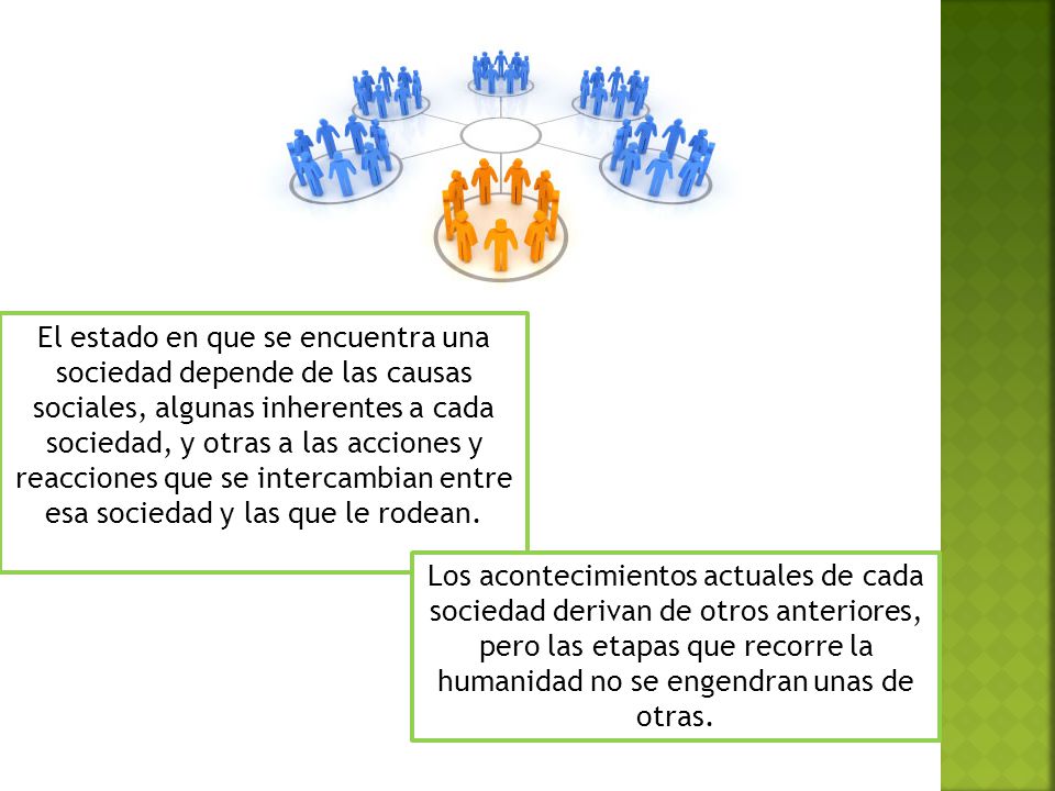 El estado en que se encuentra una sociedad depende de las causas sociales, algunas inherentes a cada sociedad, y otras a las acciones y reacciones que se intercambian entre esa sociedad y las que le rodean.
