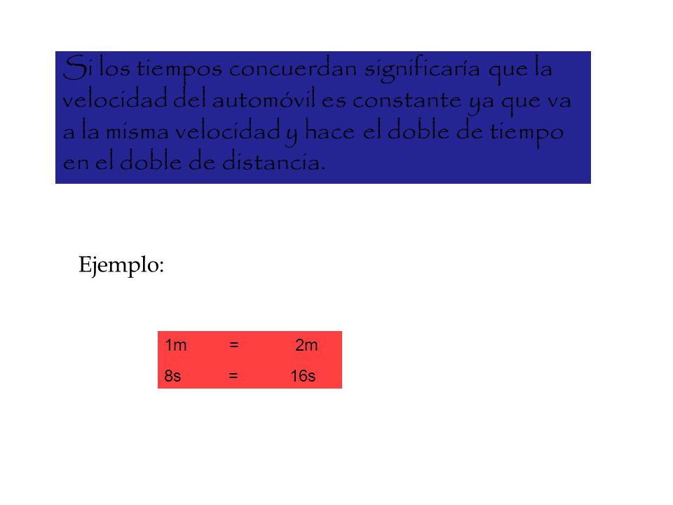 Si los tiempos concuerdan significaría que la velocidad del automóvil es constante ya que va a la misma velocidad y hace el doble de tiempo en el doble de distancia.