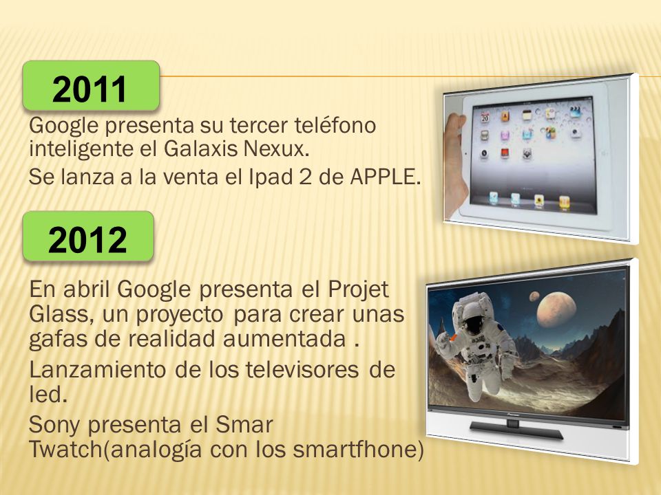 2011 Google presenta su tercer teléfono inteligente el Galaxis Nexux. Se lanza a la venta el Ipad 2 de APPLE.