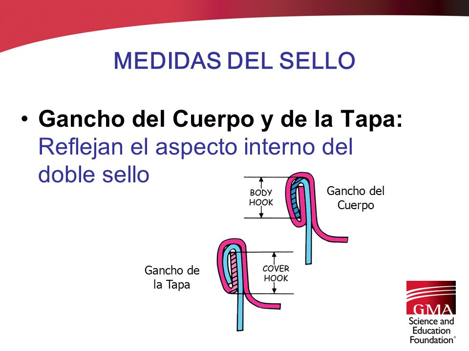 MEDIDAS DEL SELLO Gancho del Cuerpo y de la Tapa: Reflejan el aspecto interno del doble sello. Gancho del Cuerpo.