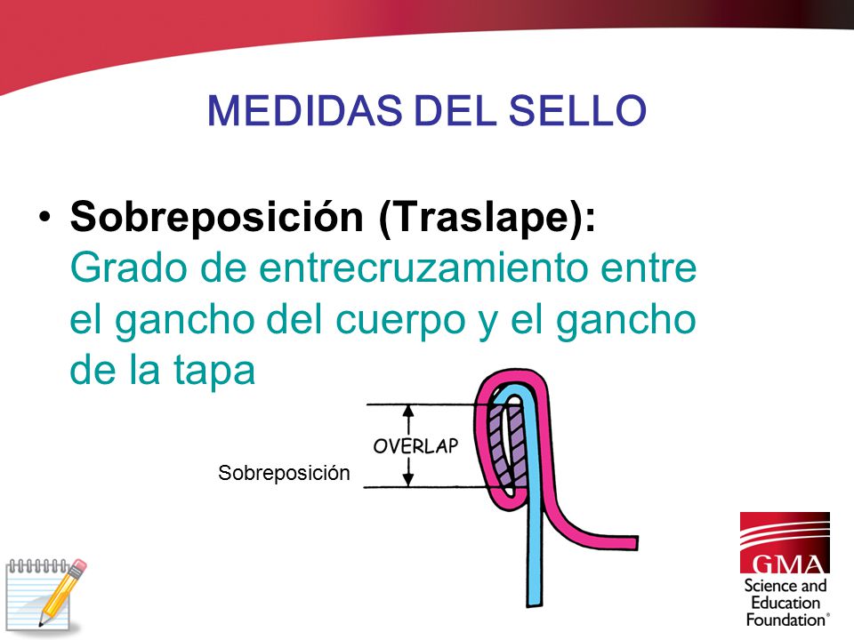MEDIDAS DEL SELLO Sobreposición (Traslape): Grado de entrecruzamiento entre el gancho del cuerpo y el gancho de la tapa.