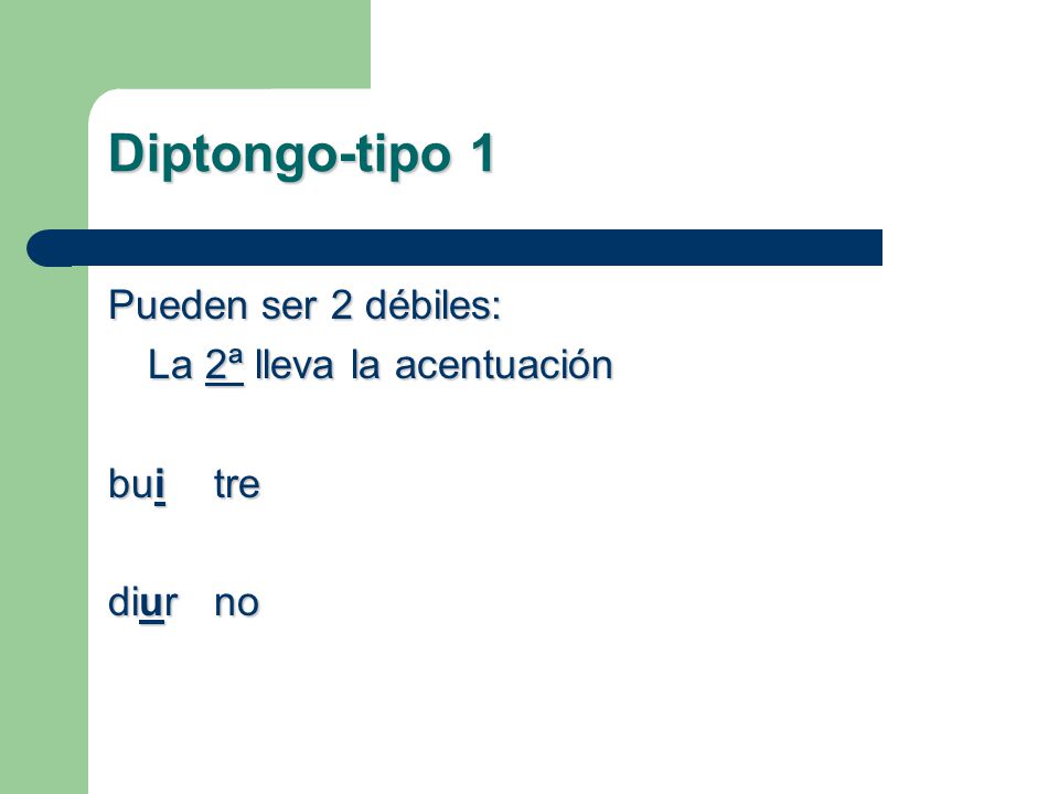 Diptongo-tipo 1 Pueden ser 2 débiles: La 2ª lleva la acentuación