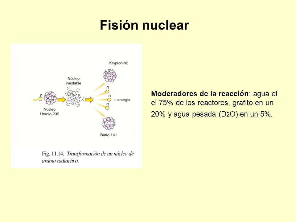 Fisión nuclear Moderadores de la reacción: agua el el 75% de los reactores, grafito en un 20% y agua pesada (D2O) en un 5%.