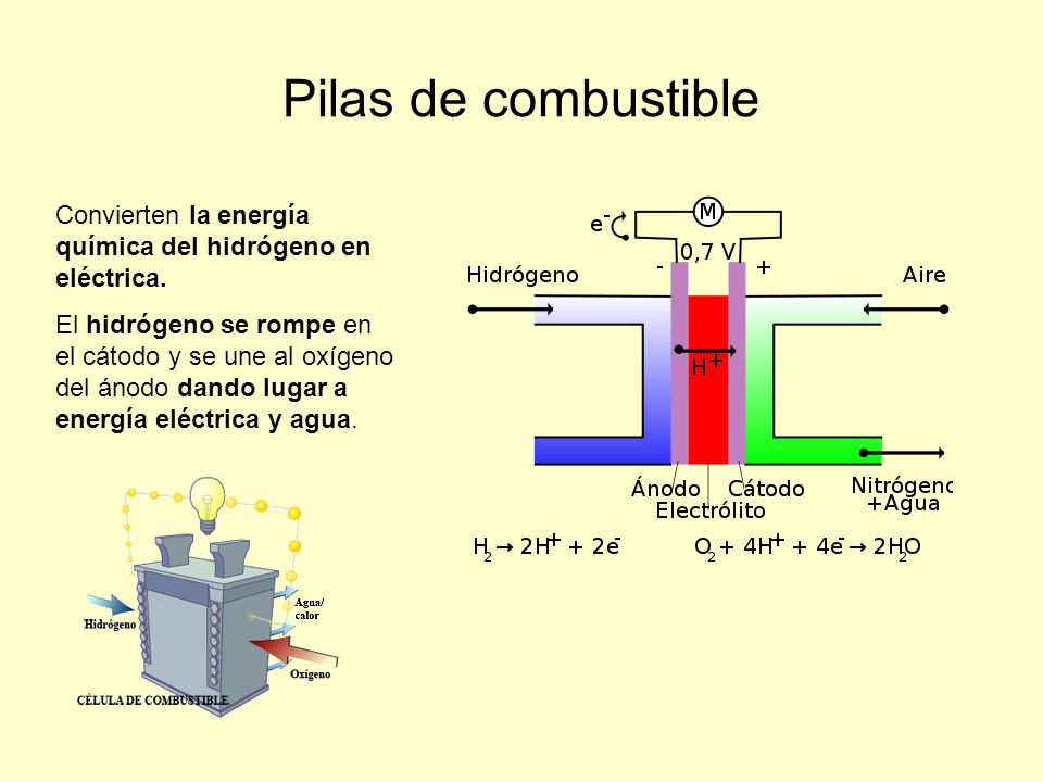 Pilas de combustible Convierten la energía química del hidrógeno en eléctrica.