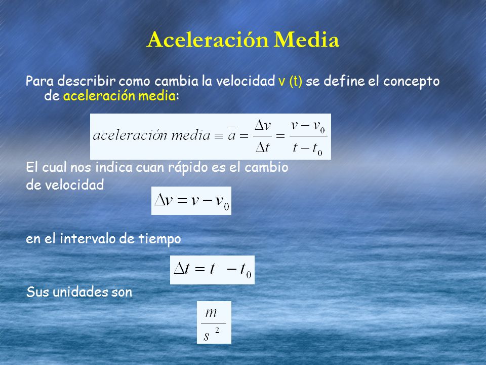 Aceleración Media Para describir como cambia la velocidad v (t) se define el concepto de aceleración media:
