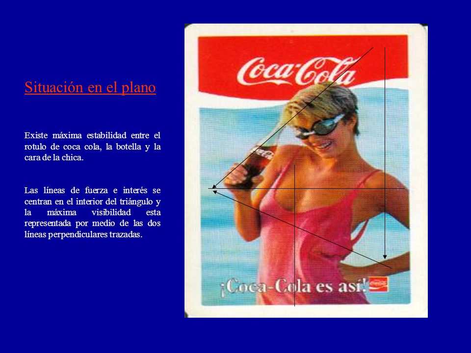 Situación en el plano Existe máxima estabilidad entre el rotulo de coca cola, la botella y la cara de la chica.