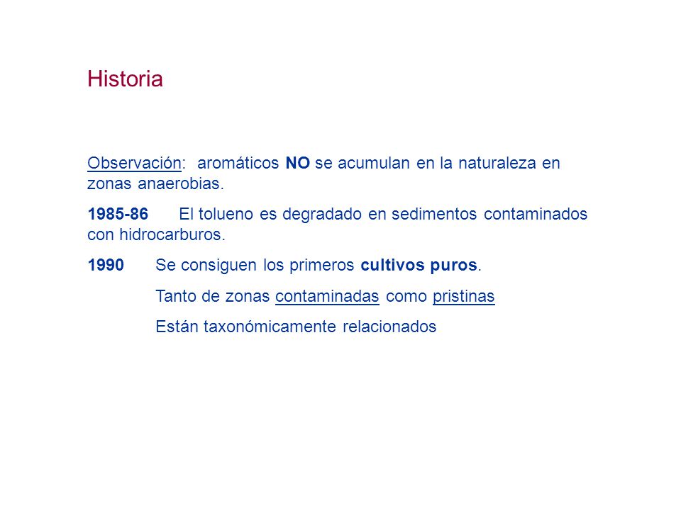 Historia Observación: aromáticos NO se acumulan en la naturaleza en zonas anaerobias.