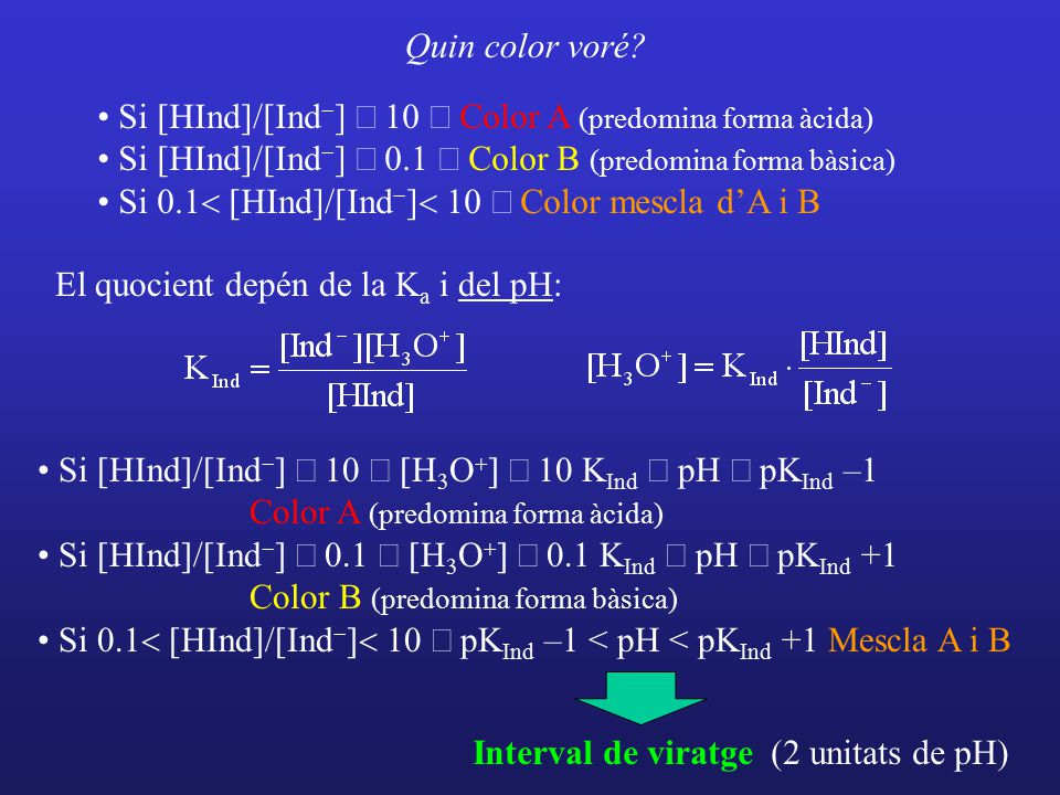 Quin color voré Si [HInd]/[Ind-] ³ 10 Þ Color A (predomina forma àcida) Si [HInd]/[Ind-] £ 0.1 Þ Color B (predomina forma bàsica)