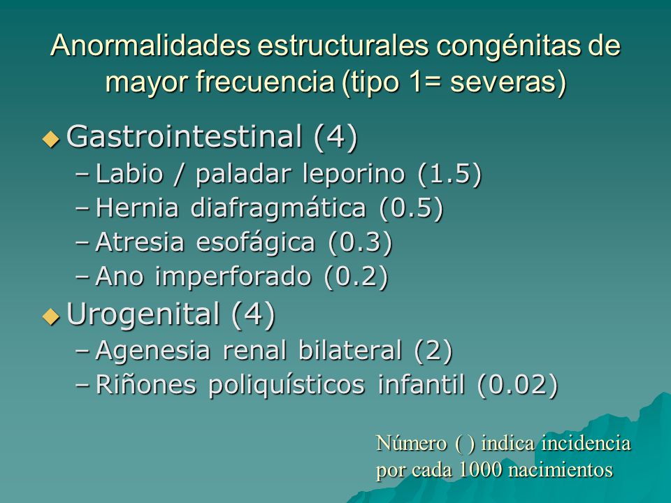 Anormalidades estructurales congénitas de mayor frecuencia (tipo 1= severas)