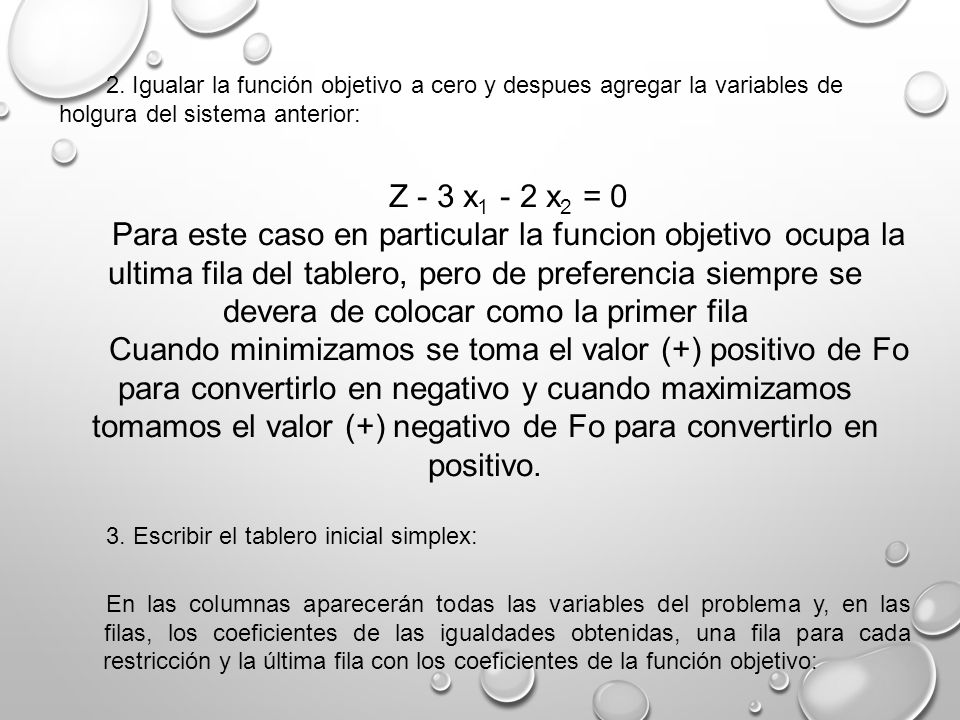 2. Igualar la función objetivo a cero y despues agregar la variables de holgura del sistema anterior: