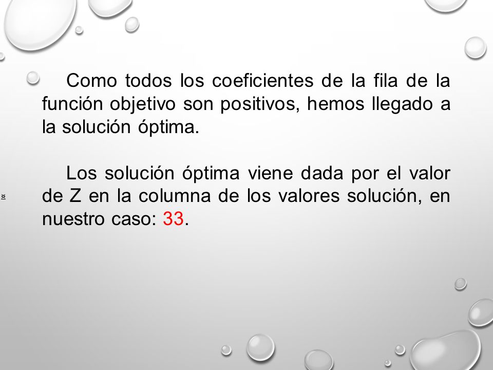 Como todos los coeficientes de la fila de la función objetivo son positivos, hemos llegado a la solución óptima.