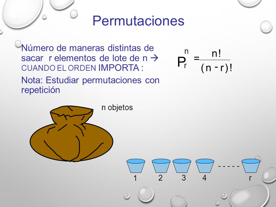 Permutaciones Número de maneras distintas de sacar r elementos de lote de n  CUANDO EL ORDEN IMPORTA :