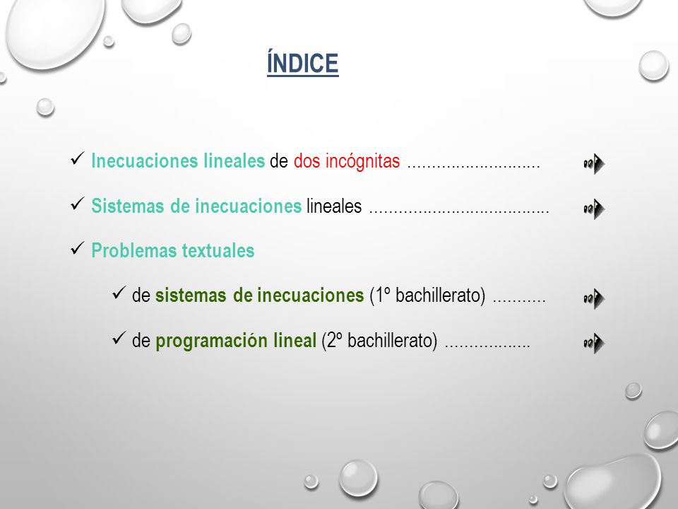 ÍNDICE Inecuaciones lineales de dos incógnitas Sistemas de inecuaciones lineales
