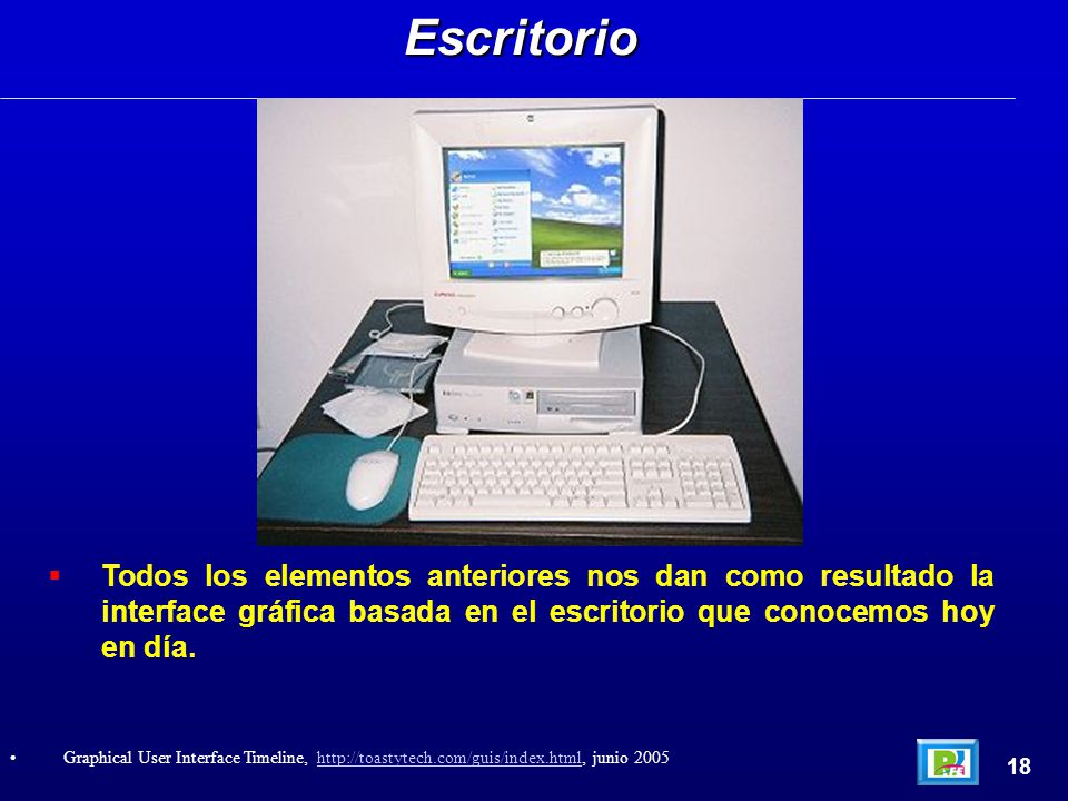 Escritorio Todos los elementos anteriores nos dan como resultado la interface gráfica basada en el escritorio que conocemos hoy en día.